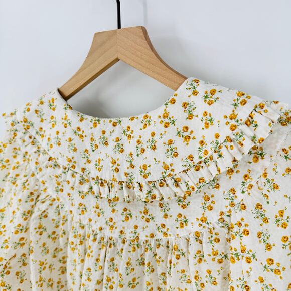 MNG Mango Floral Ruffle Collar Blouse Cream Yellow Ditsy Print Top Size 2 - Picture 6 of 8
